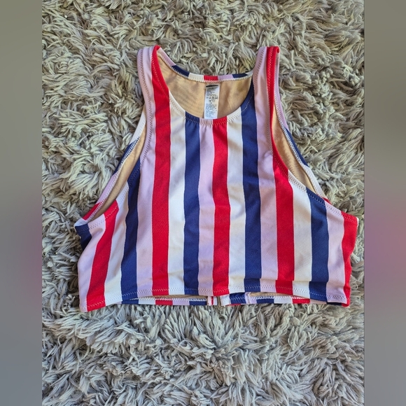 Striped Crop Top‎ Swimtop Woman's Size L RED WHITE BLUE - Picture 1 of 6